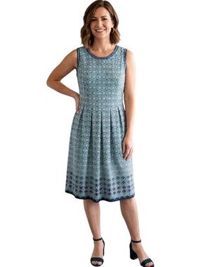 Max Studio Sleeveless Blue Patterned Pleated Midi Dress Size 1X